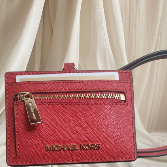 Michael Kors NWT Jet Set Travel Saffiano Leather Card Case Lanyard - Picture 1 of 4